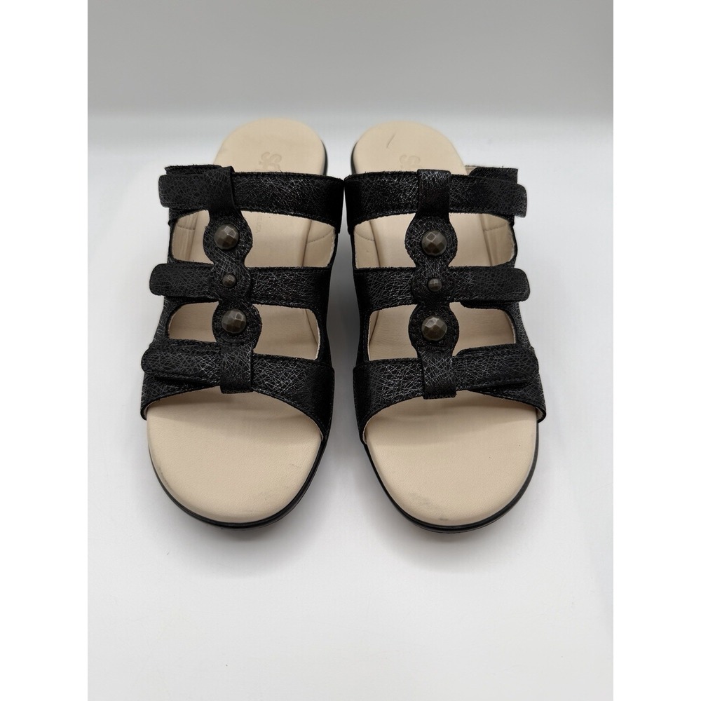 SAS Ginger Wedge Sandal,Women's 7.5 M,Black Leather Adjustable Straps,NEW/DEFCTS - Picture 2 of 16